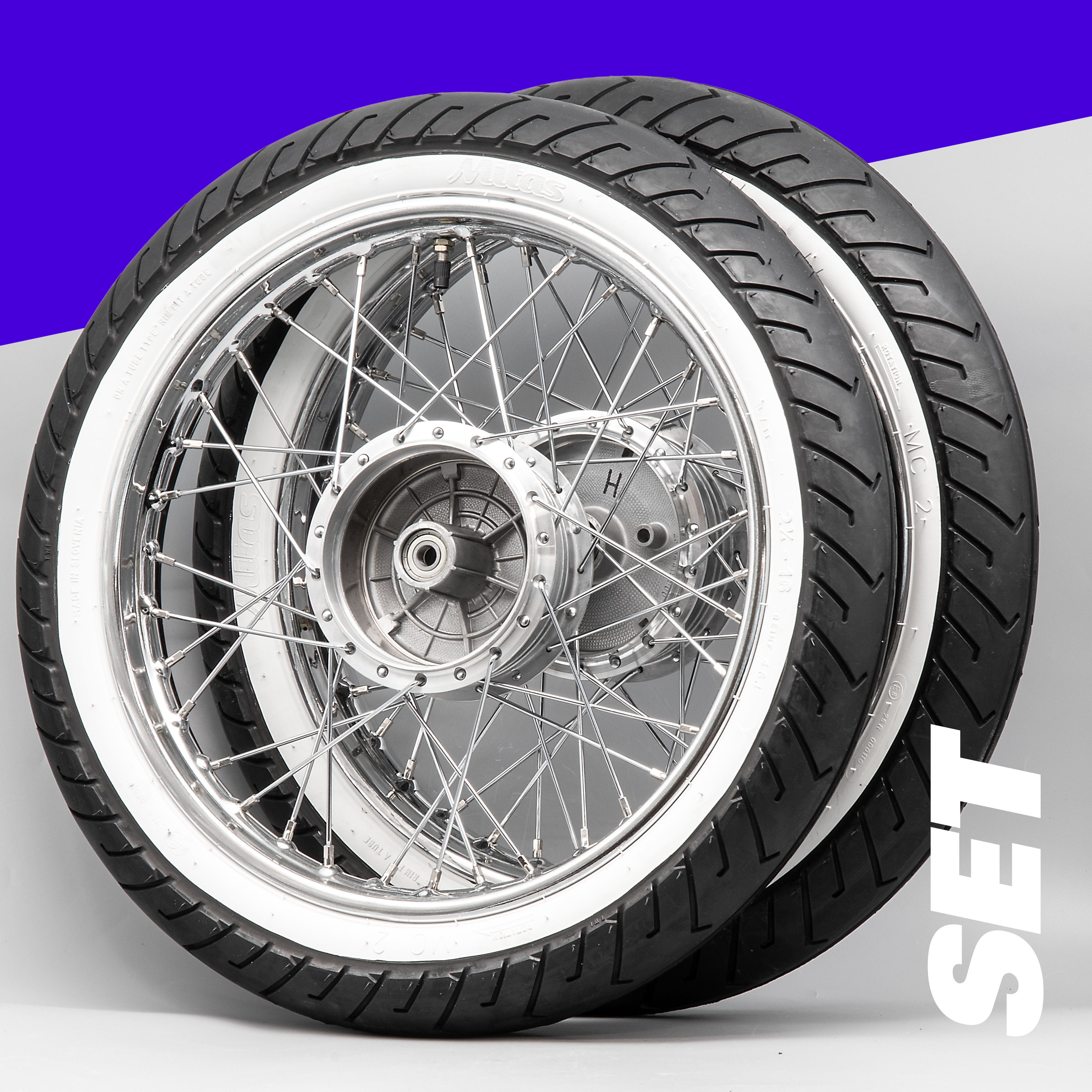 Komplettrad SET 1,6 x 16Zoll Chrom/Chrom Mitas Sava MC2 Weißwand