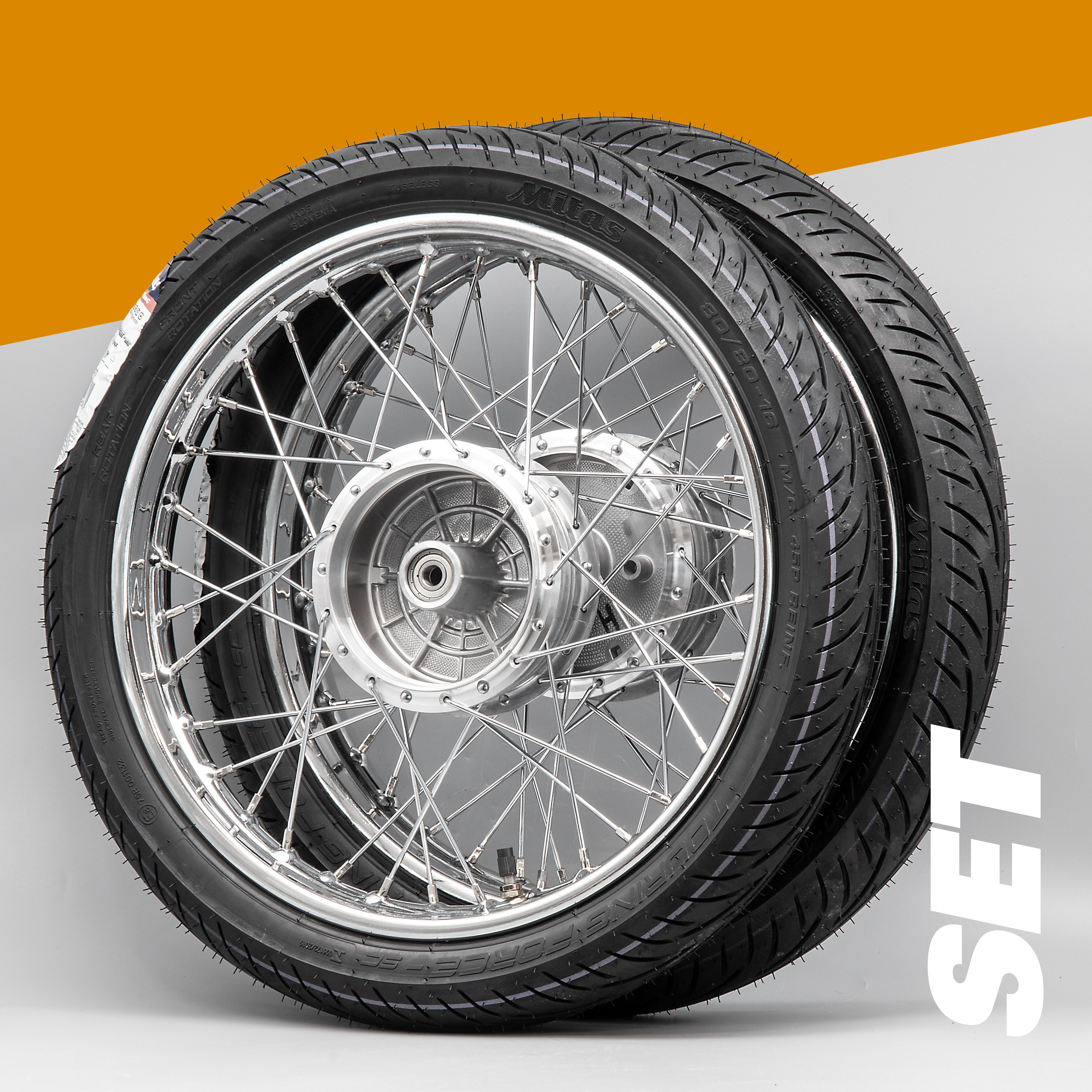 Komplettrad SET Stahl chrom 1,6 x 16 Mitas Touring Force 80/80